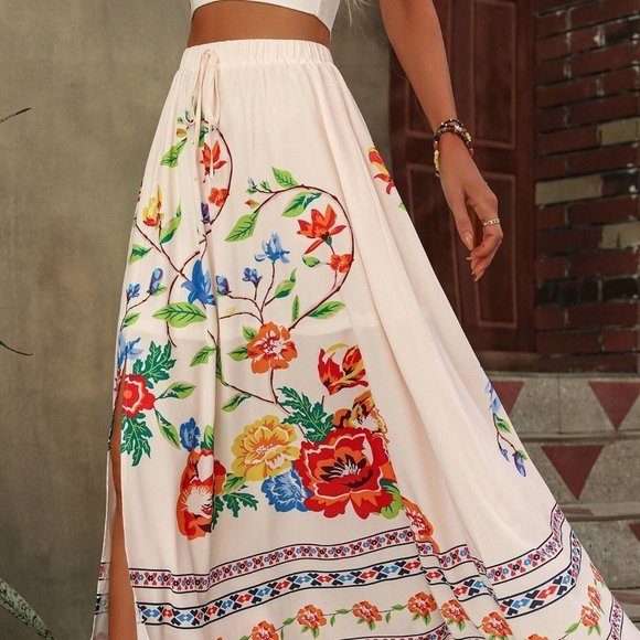 . Dresses & Skirts - White boho Womens Floral Print Knot Waist Split Thigh Skirt